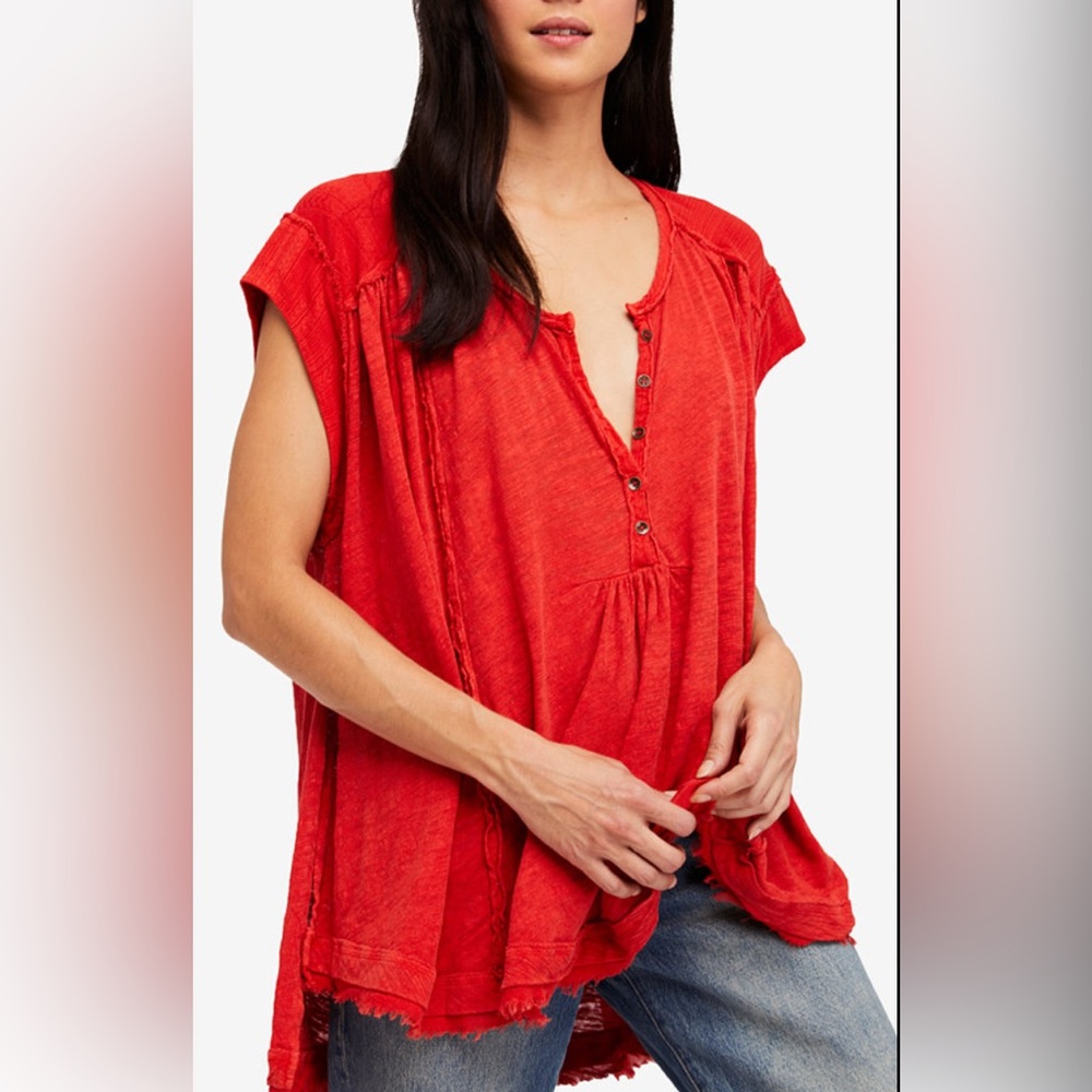 Free People Top Aster High-Low Henley Scarlet (Rust Color) Button-Front